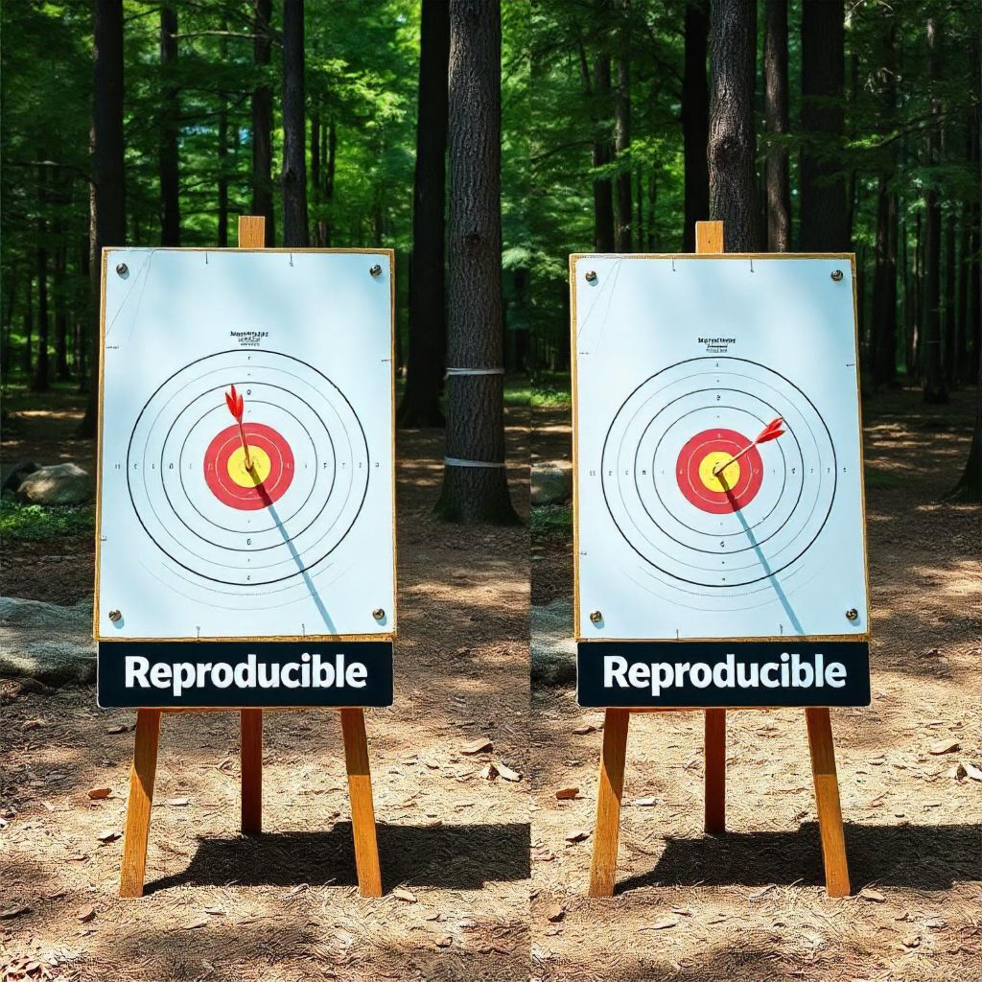 <Representing Reproducibility, two identical red feather arrows have hit the middle 10 bullseyes of two archery targets stood side by side, drawn on paper with the word Reproducible pinned to wooden easels, in the stony, sunlit clearing of a green forest. Credit> Freepik