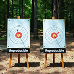 <Two archery targets on wooden easels in a sunny, stony clearance in a forest, both with a red arrow in the middle ring bullseye representing Reproducibility. Credit> Freepik