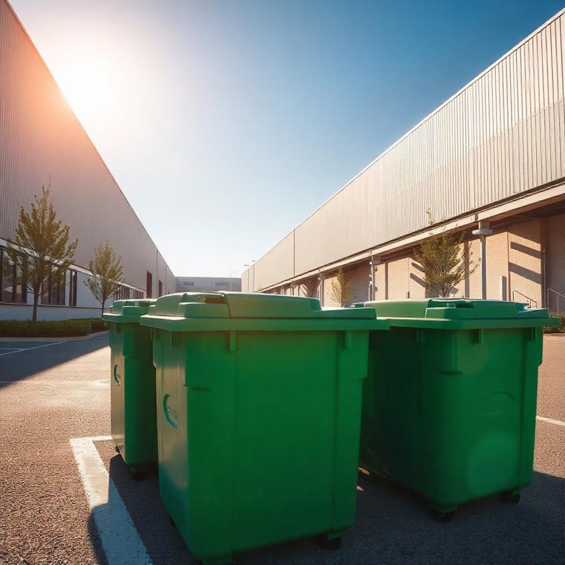 <Four large green wheelie bins in early morning sunshine in a marked area of a tarmac yard between a production facility and warehouse of a dietary supplement company. Credit> Freepik