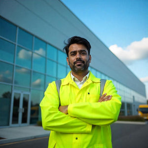 <Asian Indian male Sanitation Supervisor with beard wearing fluorescent jacket stood with his arms folded stood on the tarmac in front of a clean dietary supplement production facility made of glass and metal. Credit> Freepik