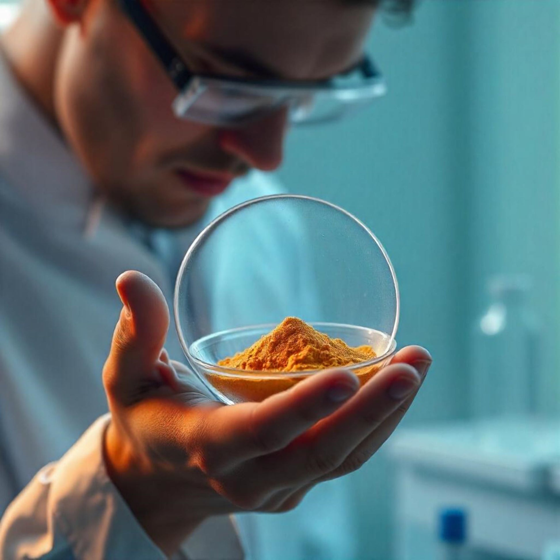 <Male lab analyst holding a glass petri dish containing a yellow brown powder. Credit> Freepik