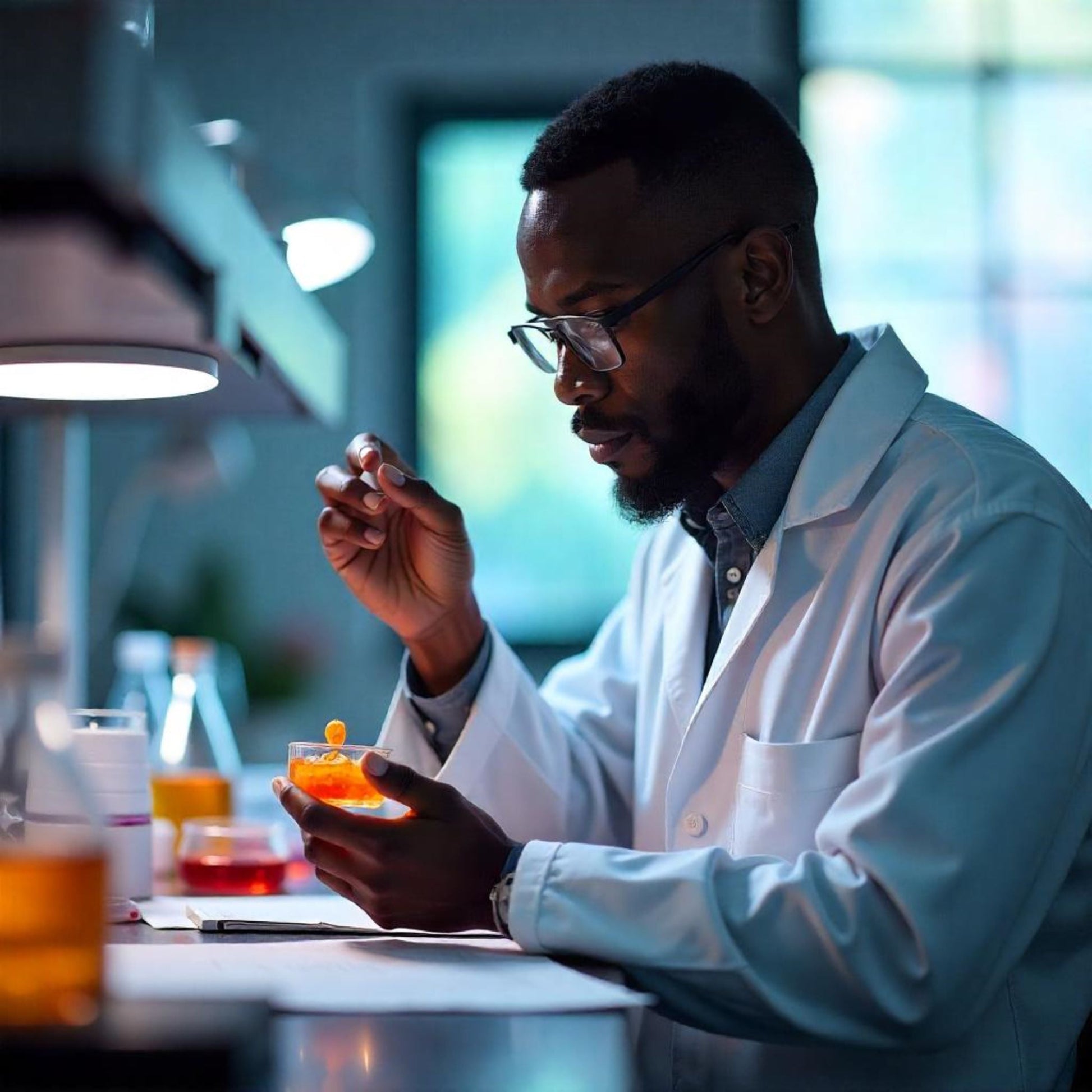 <Male lab analyst examining a glass petri dish containing orange gummies under an LED spotlight. Credit> Freepik