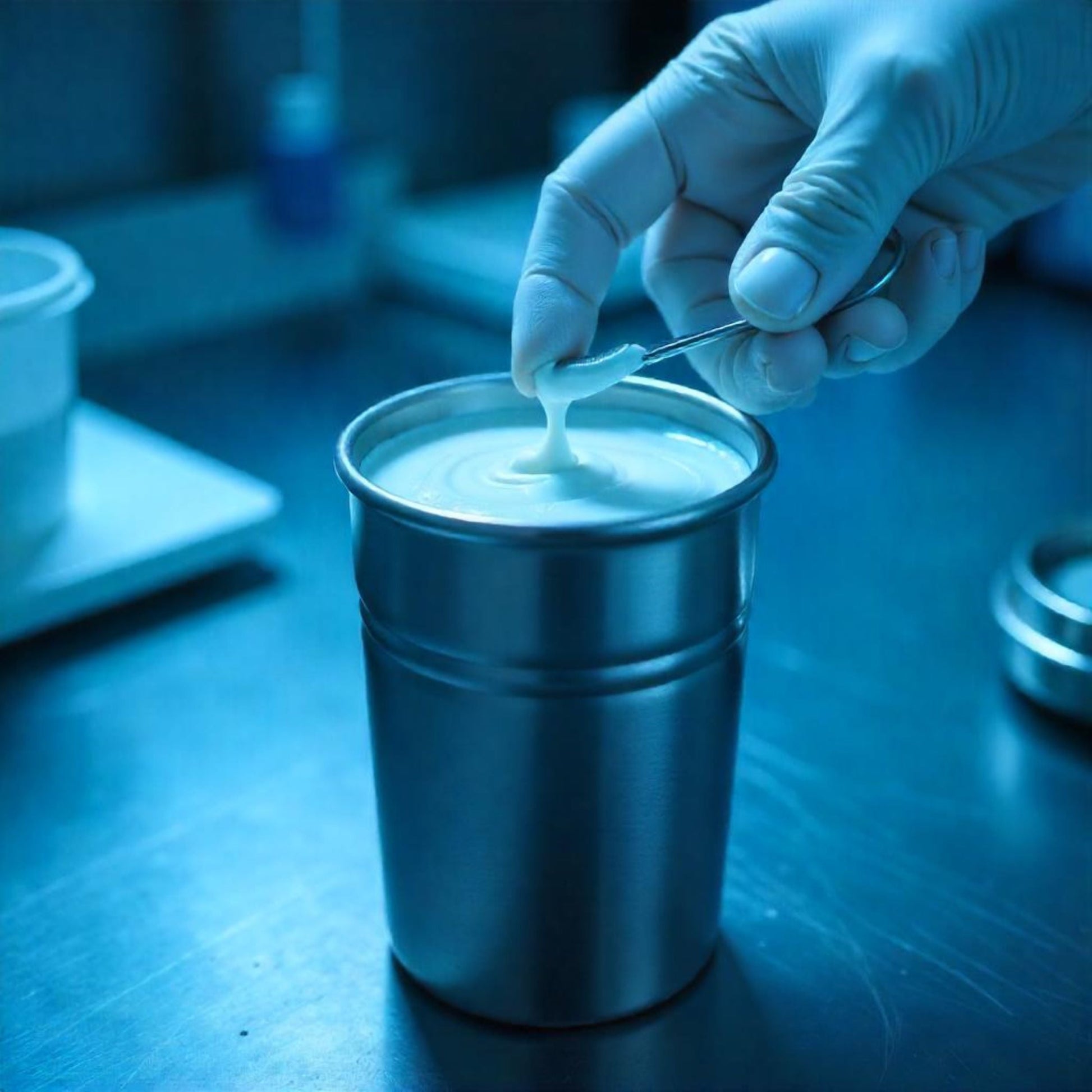 <Analyst filling a stainless steel pycnometer cup with cream ready to place nearby lid on top. Credit> Freepik