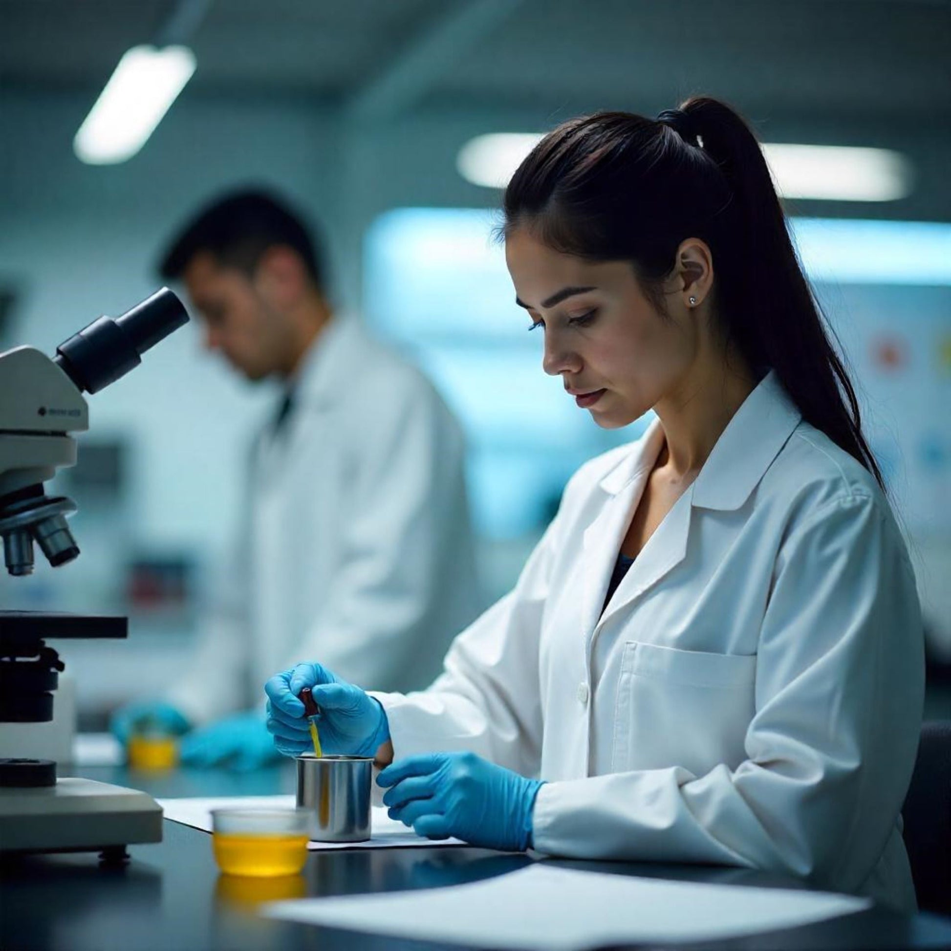 <Female analyst with a tissue paper on a black lab worktop next to a microscope and with male analyst working behind filling a pycnometer stainless steel cup with orange coloured gel. Credit> Freepik