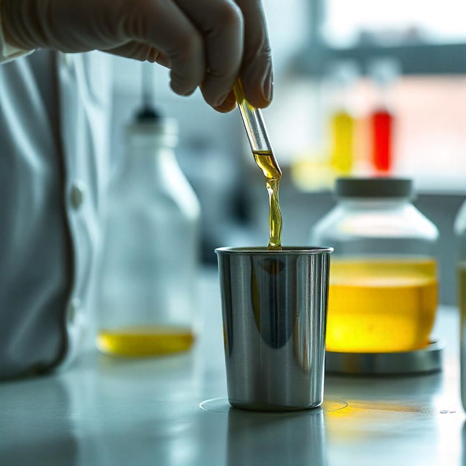 <Hand of analyst filling a  stainless steel pycnometer cup on a  white work surface with a yellow coloured liquid gel. Credit> Freepik