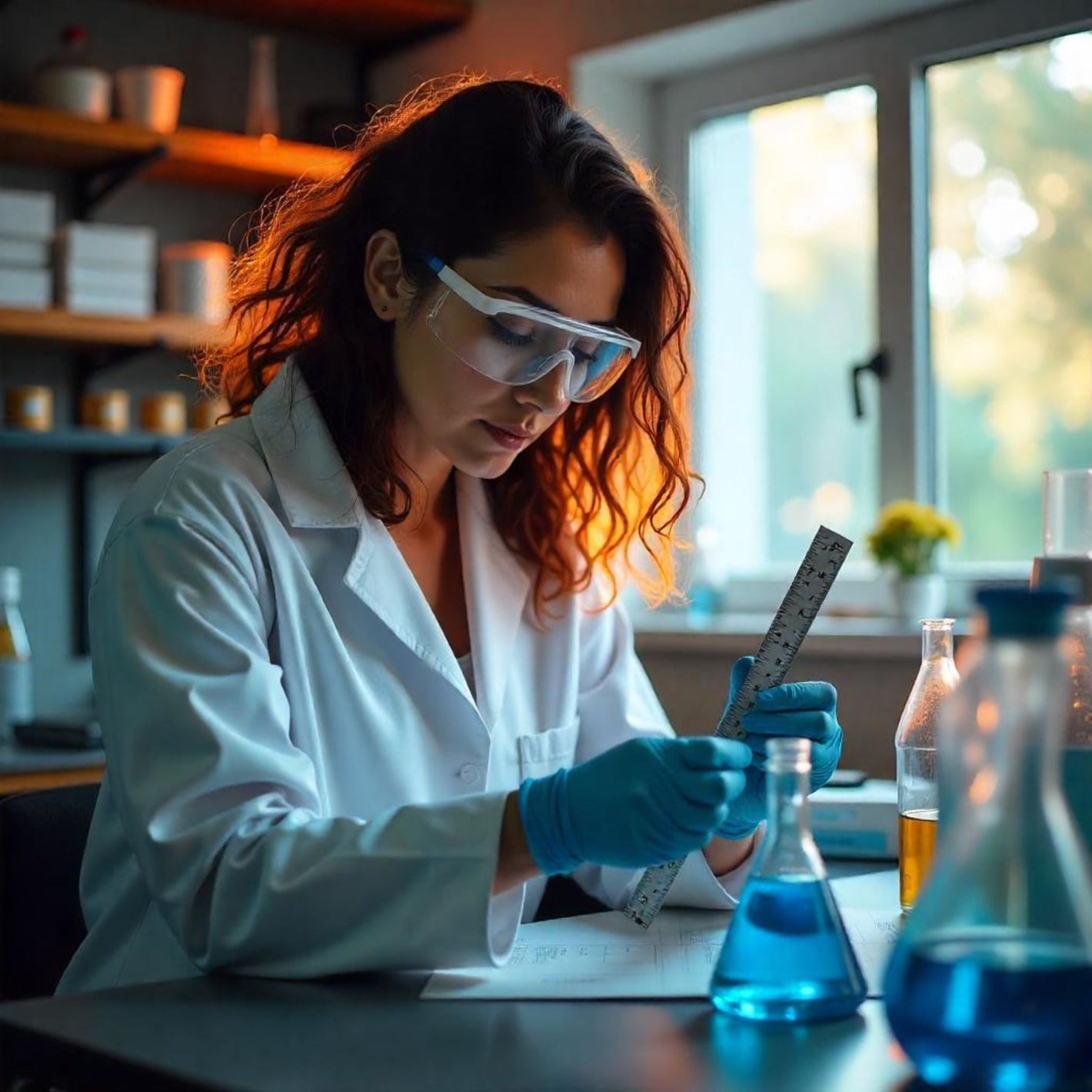 <Female laboratory analyst working on a dark grey work surface, Near a window with blurred trees and sunshine outside, with several flasks of blue or yellow liquid, using a ruler to measure dimensions. Credit> Freepik