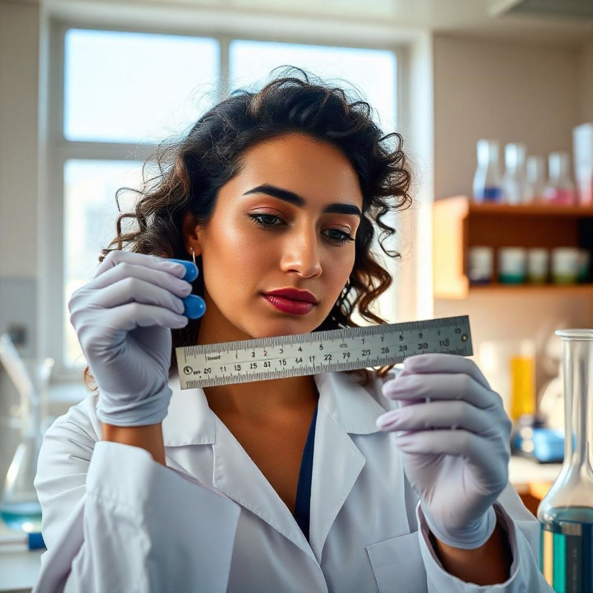 <Female laboratory analyst in white laboratory, with window behind her, measuring the dimensions of blue capsules with a ruler. Credit> Freepik 