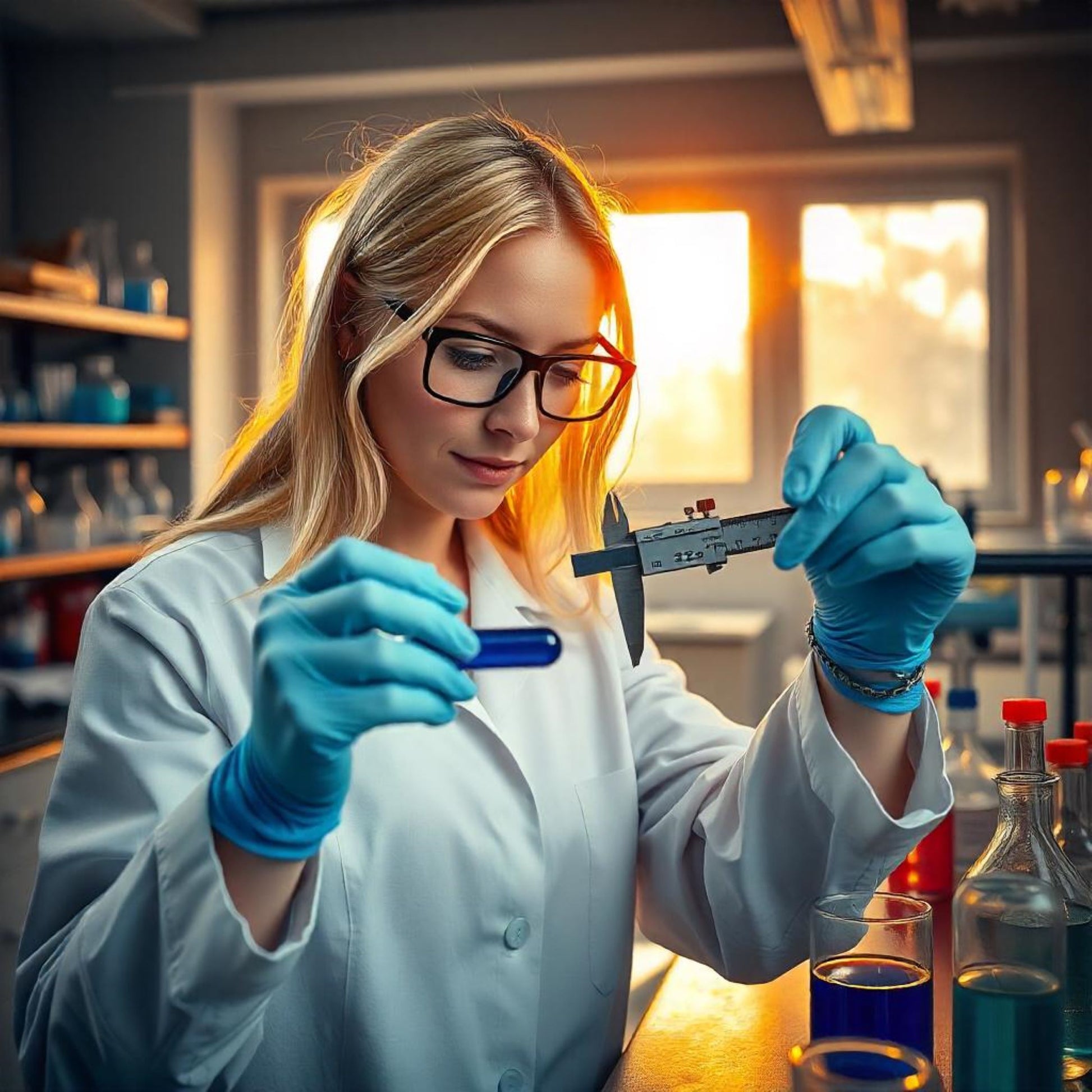 <Female analyst in lab with dark grey surfaces and lots of flasks of liquid, with a window behind blurred with trees and sunshine outside, measuring dimensions of blue capsules with some calipers. Credit> Freepik