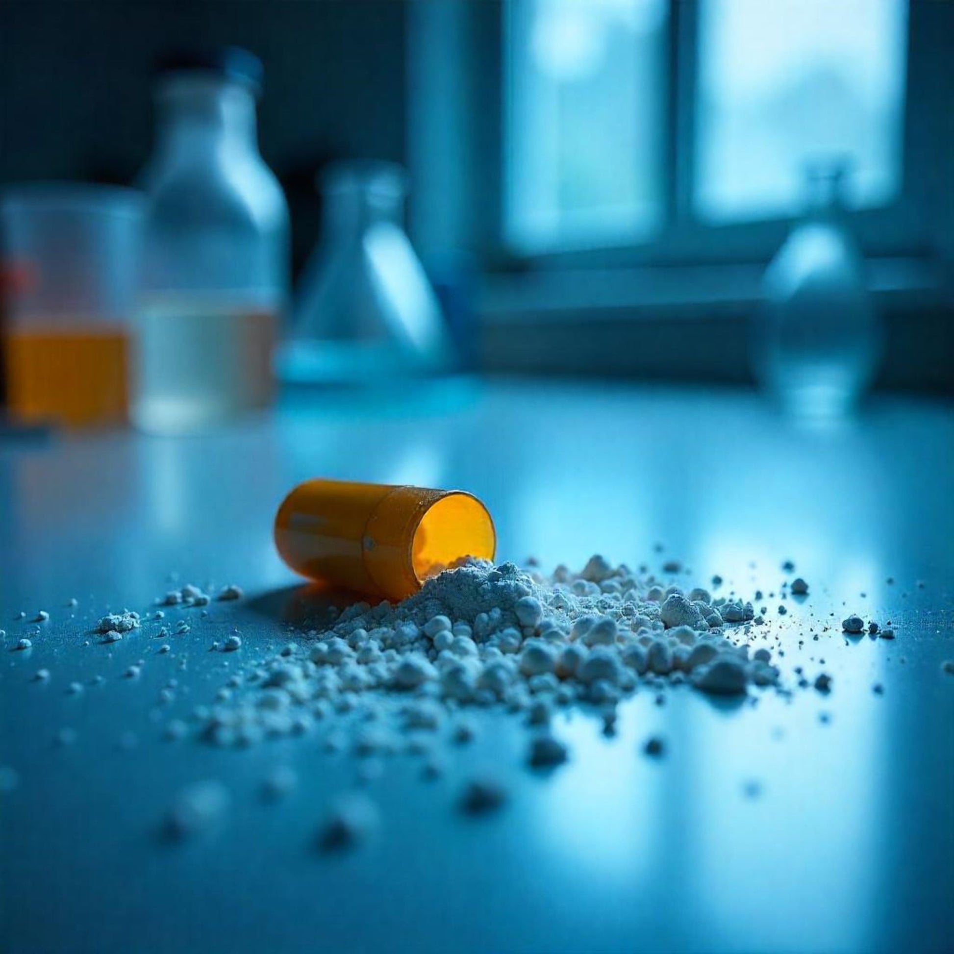 <Yellow amber capsule that has ruptured and spilt its white powder contents onto a white lab worktop, with blurred flasks and beakers behind. Credit> Freepik