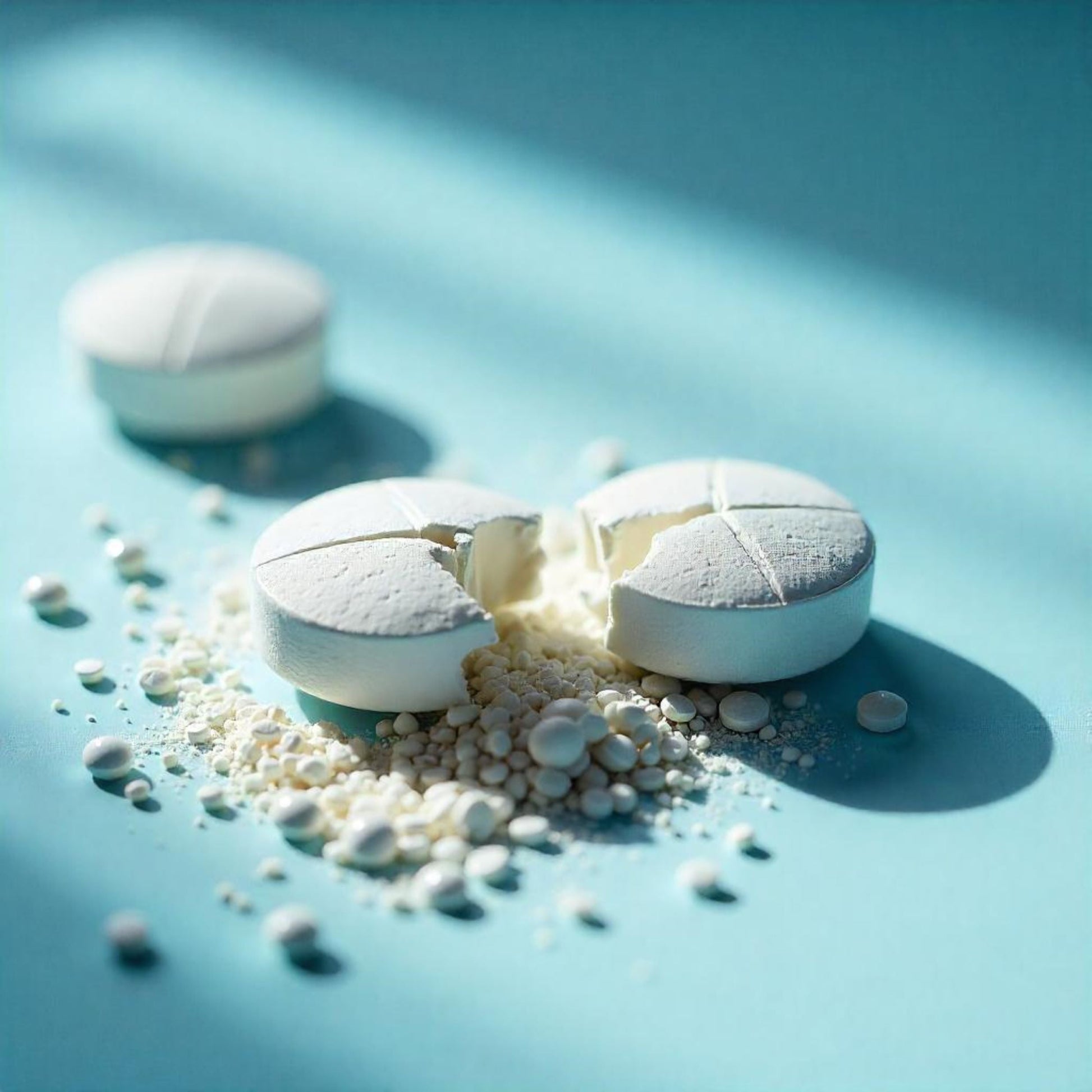 <Close up of three white round tablets on a pale blue surface showing a high degree of friability, or crumbliness, breaking up into a powder. Credit> Freepik