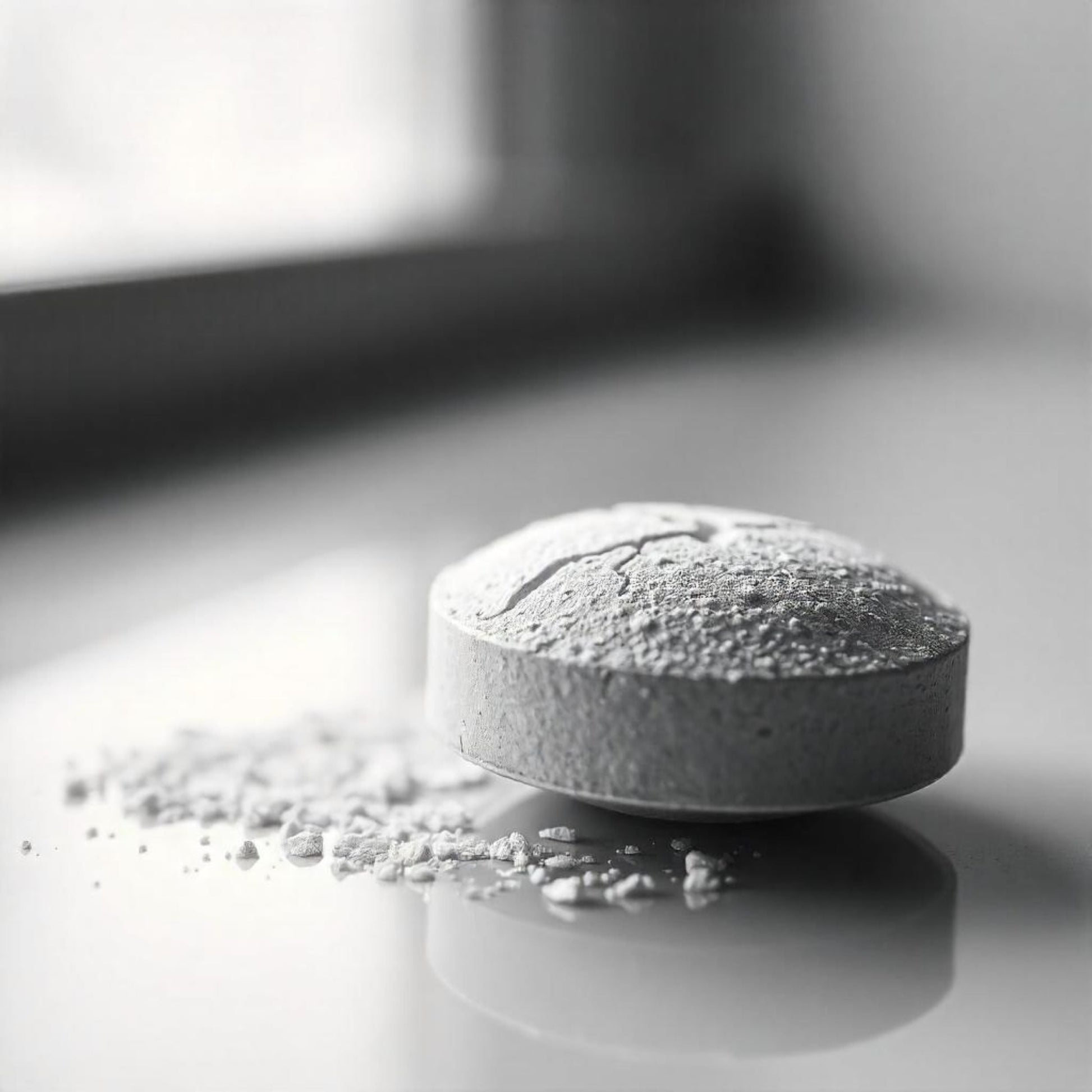 <Close up of a white round tablet on a white lab surface taken from a  friability tester showing cracking on top and some crumbliness. Credit> Freepik