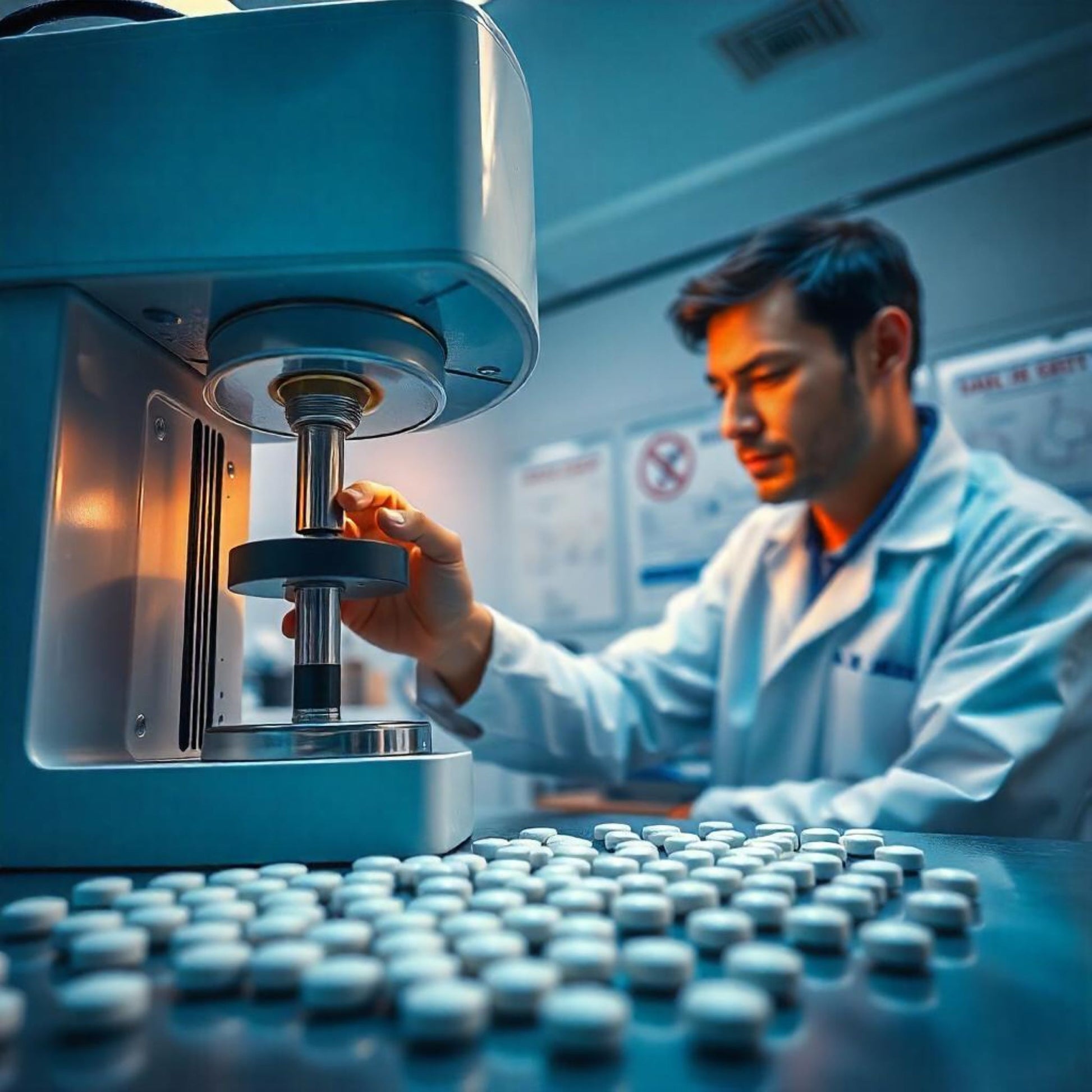 <Male analyst using a diamond pointed hardness tester to measure the breaking force of the 20 tablets front of him on a dark grey lab worktop. Credit> Freepik