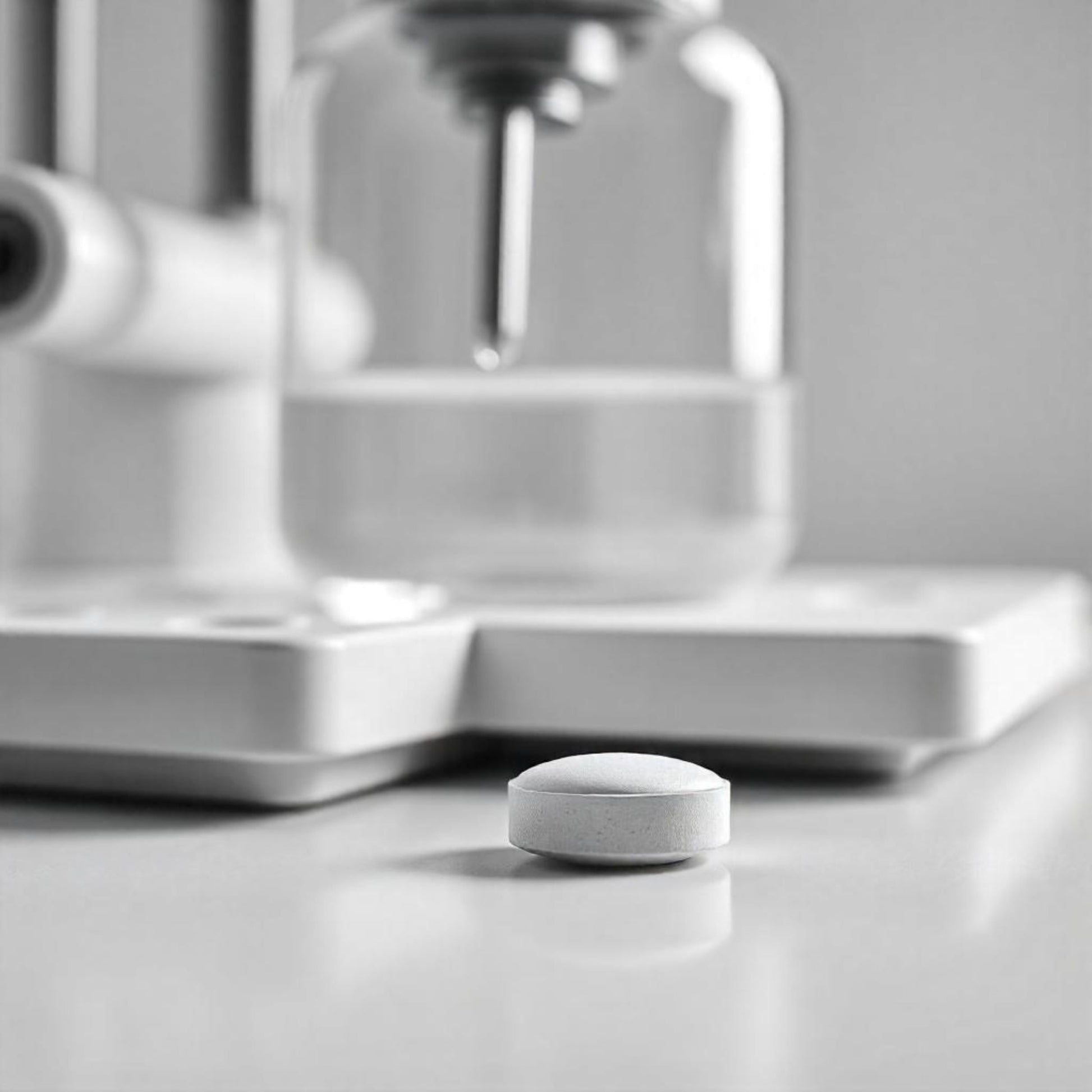 <In the foreground a round white tablet on a white work surface and in the blurred background the pointb of a hardness tester and a large round winceshter bottle with clear liquid. Credit> Freepik