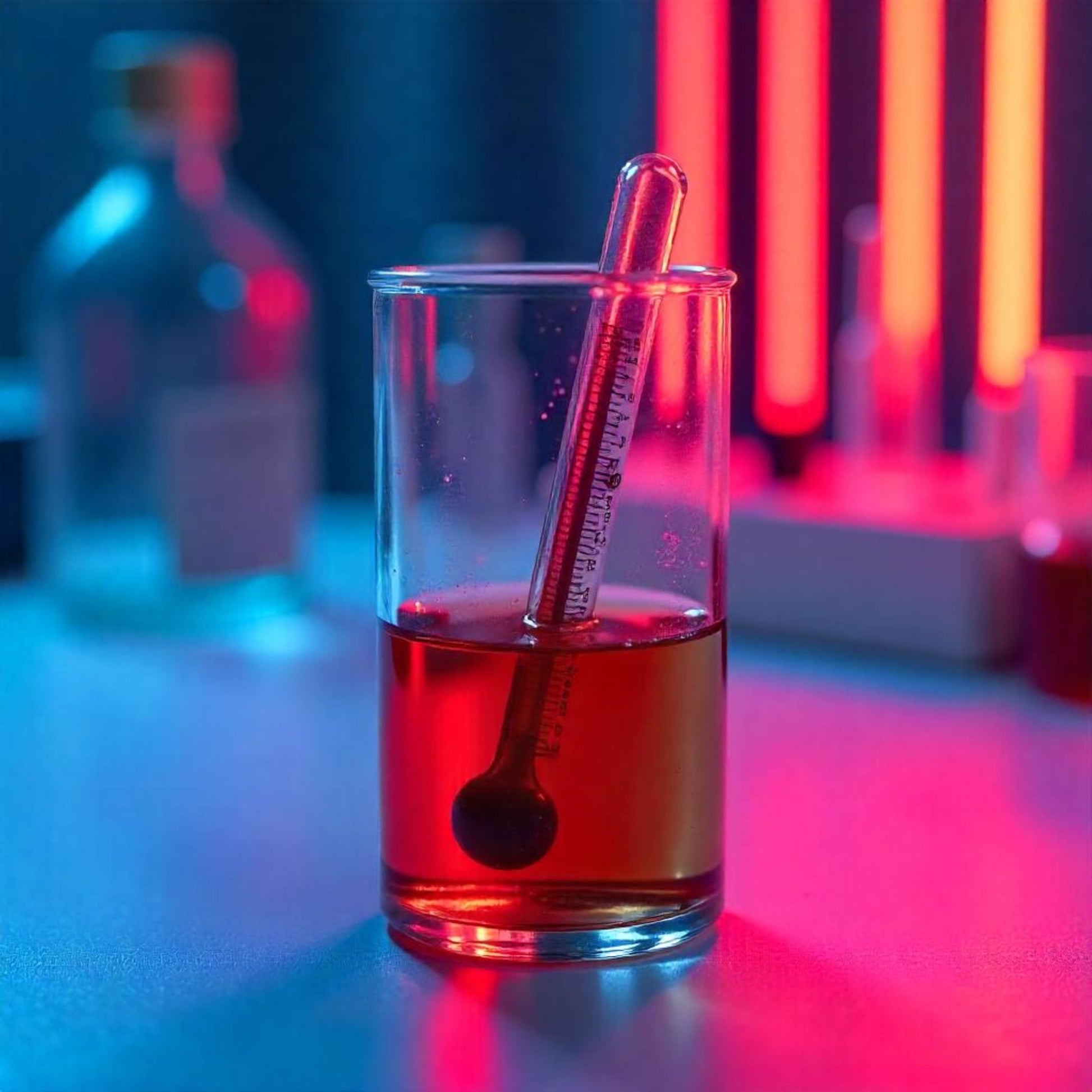 <On a white lab worktop a beaker of completely melted wax as a clear orange liquid with a thermometer to record the melting point, neon glowing lights and stock bottle behind. Credit> Freepik