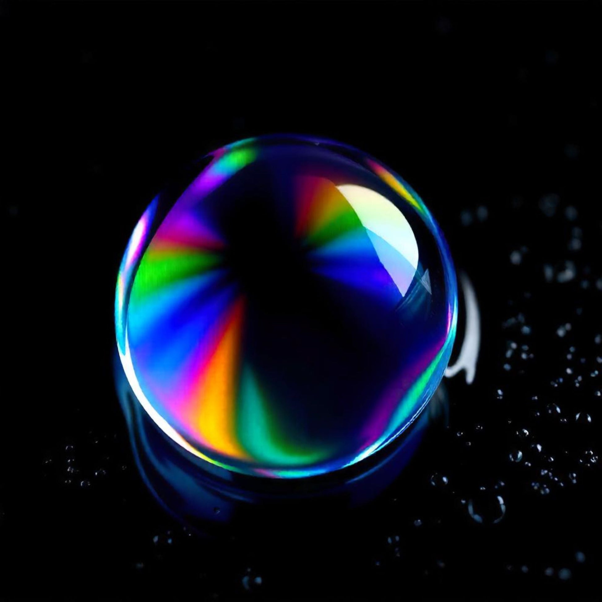 <A large hemispherical drop of liquid on a black waterproof surface refracting light and displaying inside the drop all the colours of the rainbow. Credit> Freepik