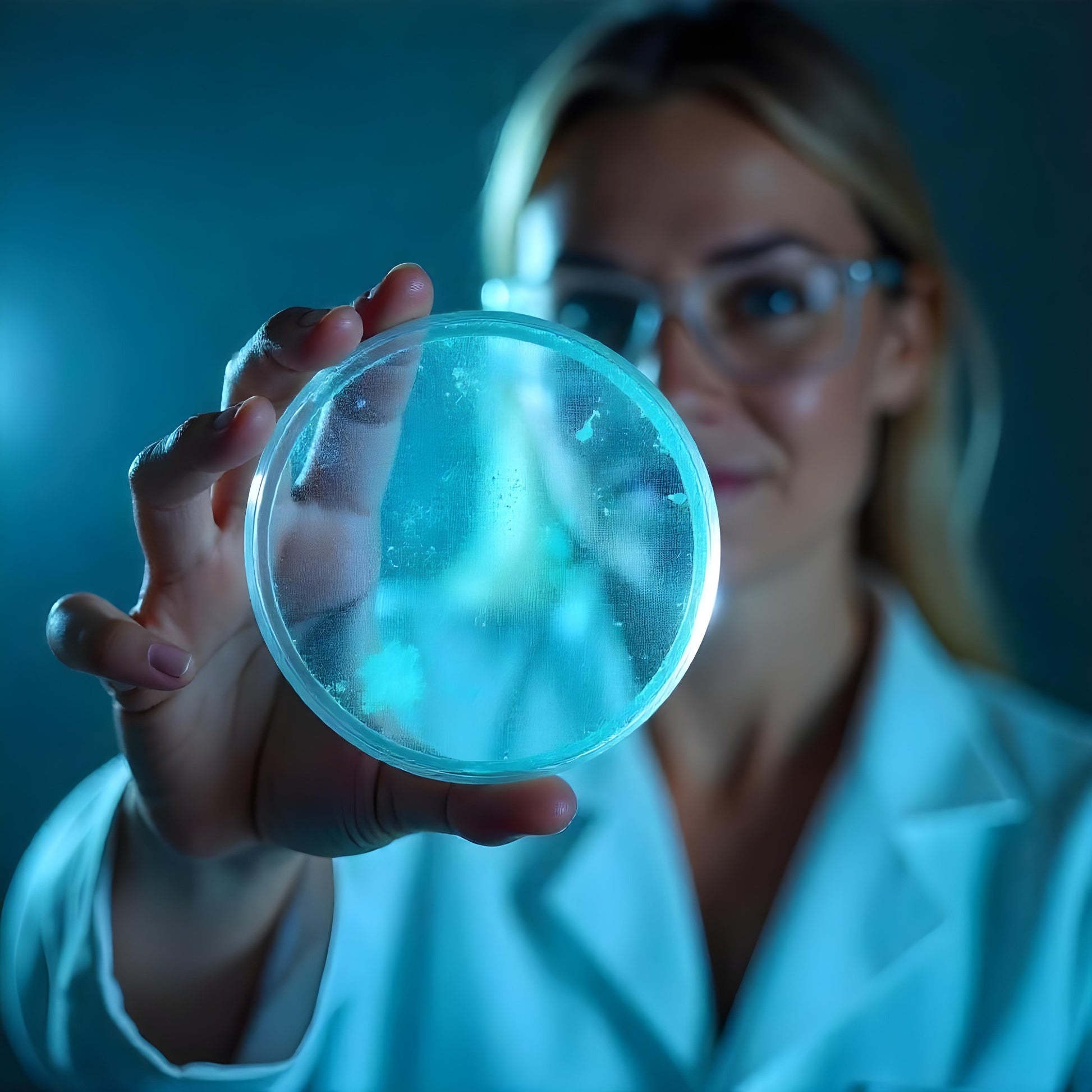 <Female microbiologist wearing white labcoat and safety specs holding up a round agar plate to look for microbial growth, a dietary specification test requirement. Credit> Freepik