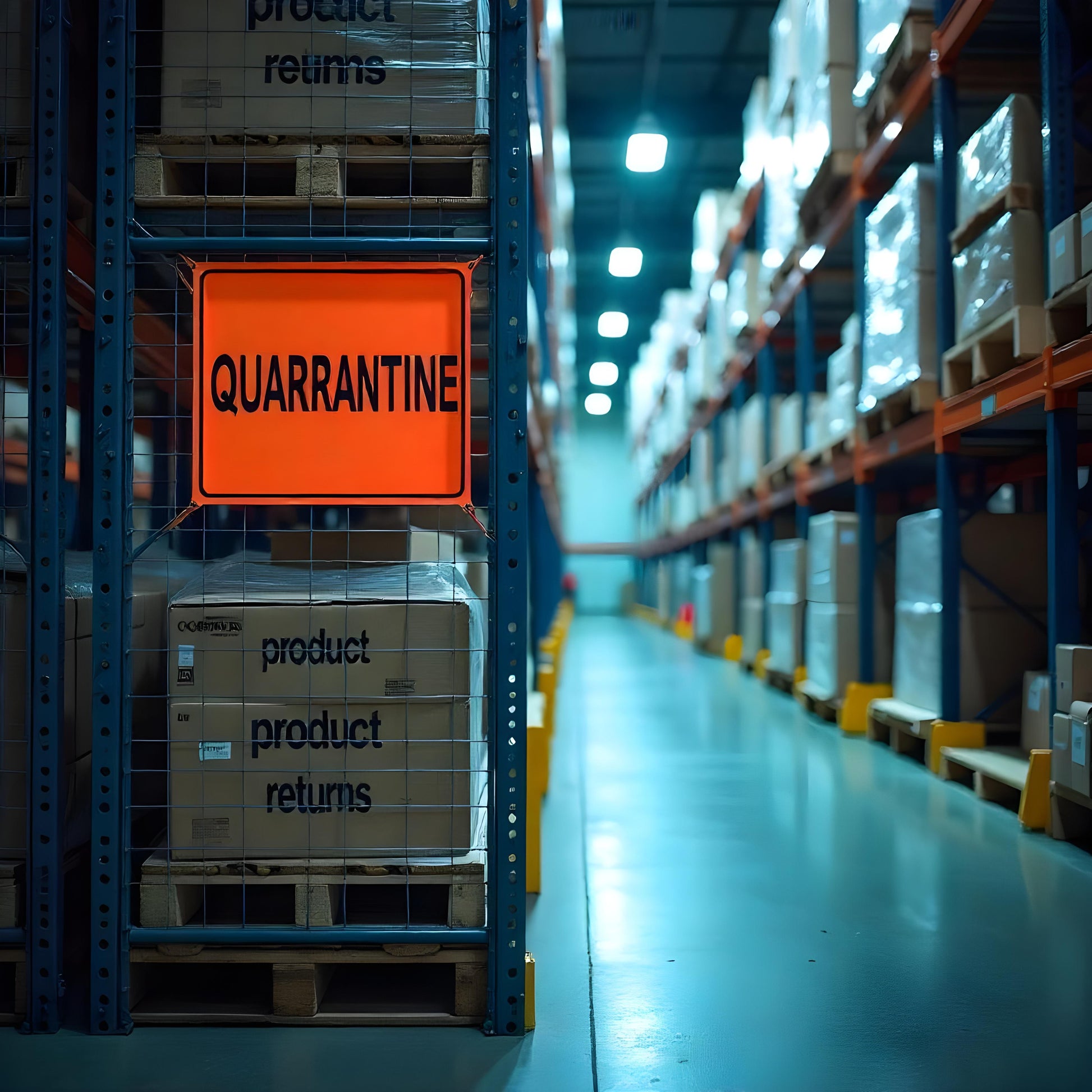 <Quarantine area of a warehouse with product returns in a locked cage to avoid mix-ups with good product in the racking on the other side of the aisle. Credit> Freepik