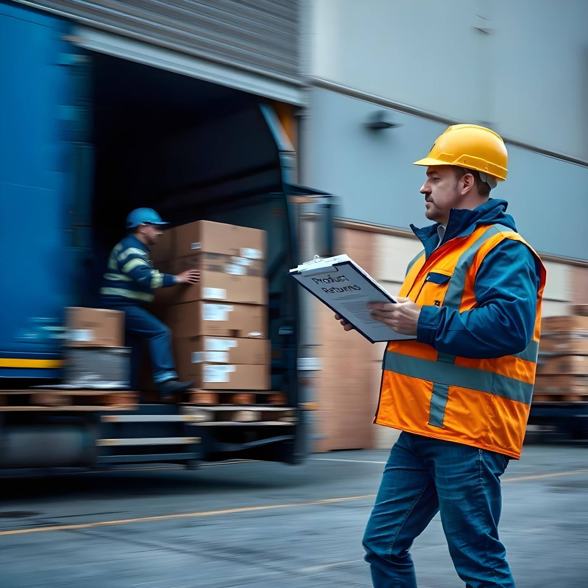 <Male warehouse operator outside in the yard wearing fluorescent orange jacket and hardhat recording product returns from a lorry on a clipboard. Credit> Freepik