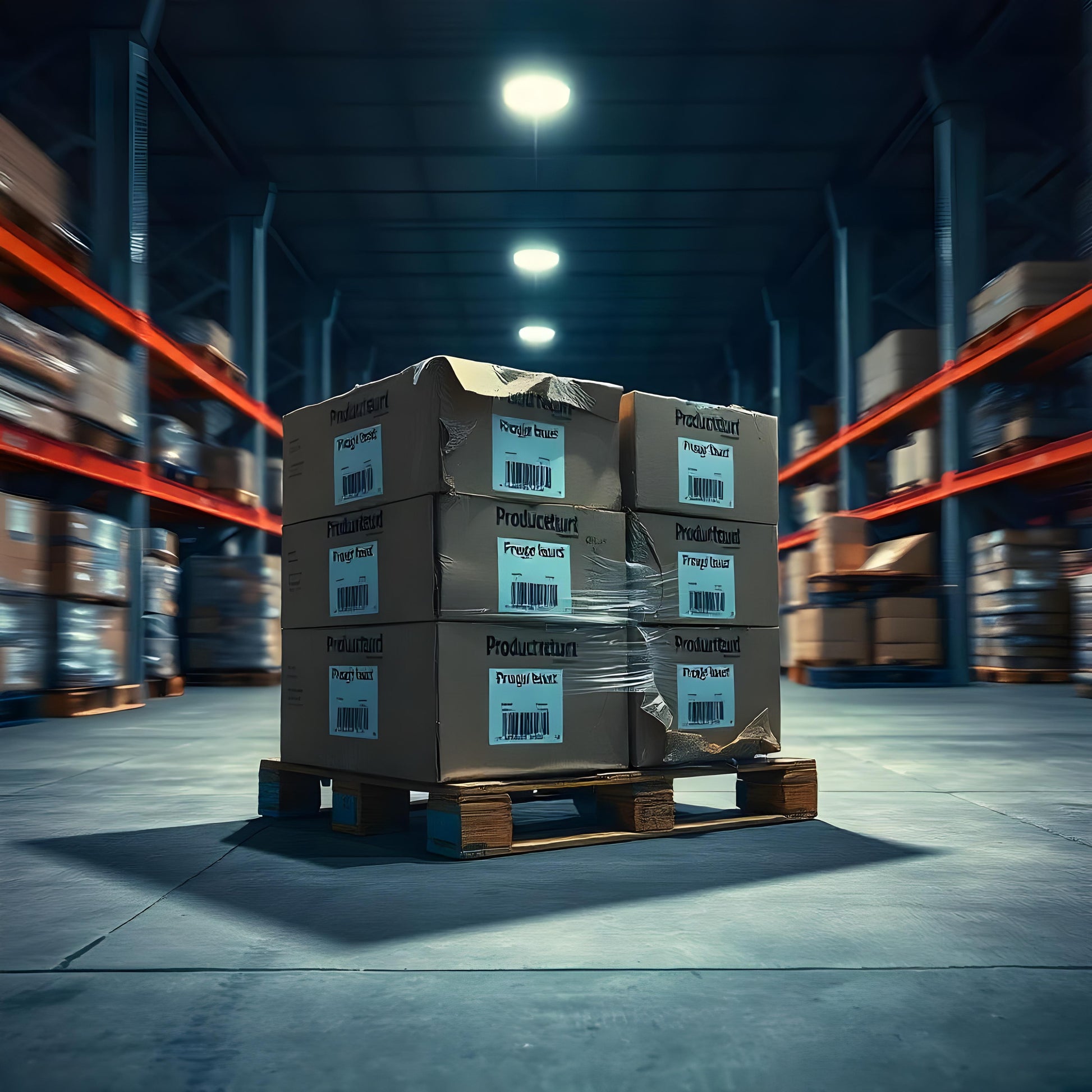 <Six large boxes, one of them damaged, marked Product Returns sitting on a wooden pallet in an aisle between two rows of orange racking. Credit> Freepik