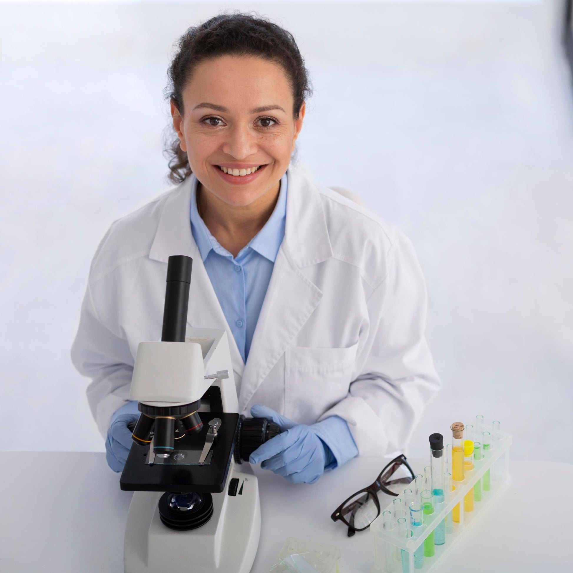 <Smily female microbiologist, wearing a white labcoat and blue gloves stood next to a microscope and a row of samples in a test tube rack. Credit> Freepik