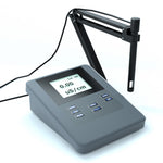 <Dark grey digital conductivity meter with black probe for immersing in liquid, currently reading zero on the digital display. Credit> 2209383255 by Source of yours @ Shutterstock